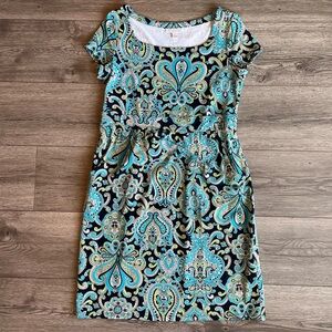 Charter Club Blue Paisley Dress Cap Sleeve Stretch Catalina Cloth Petite Medium